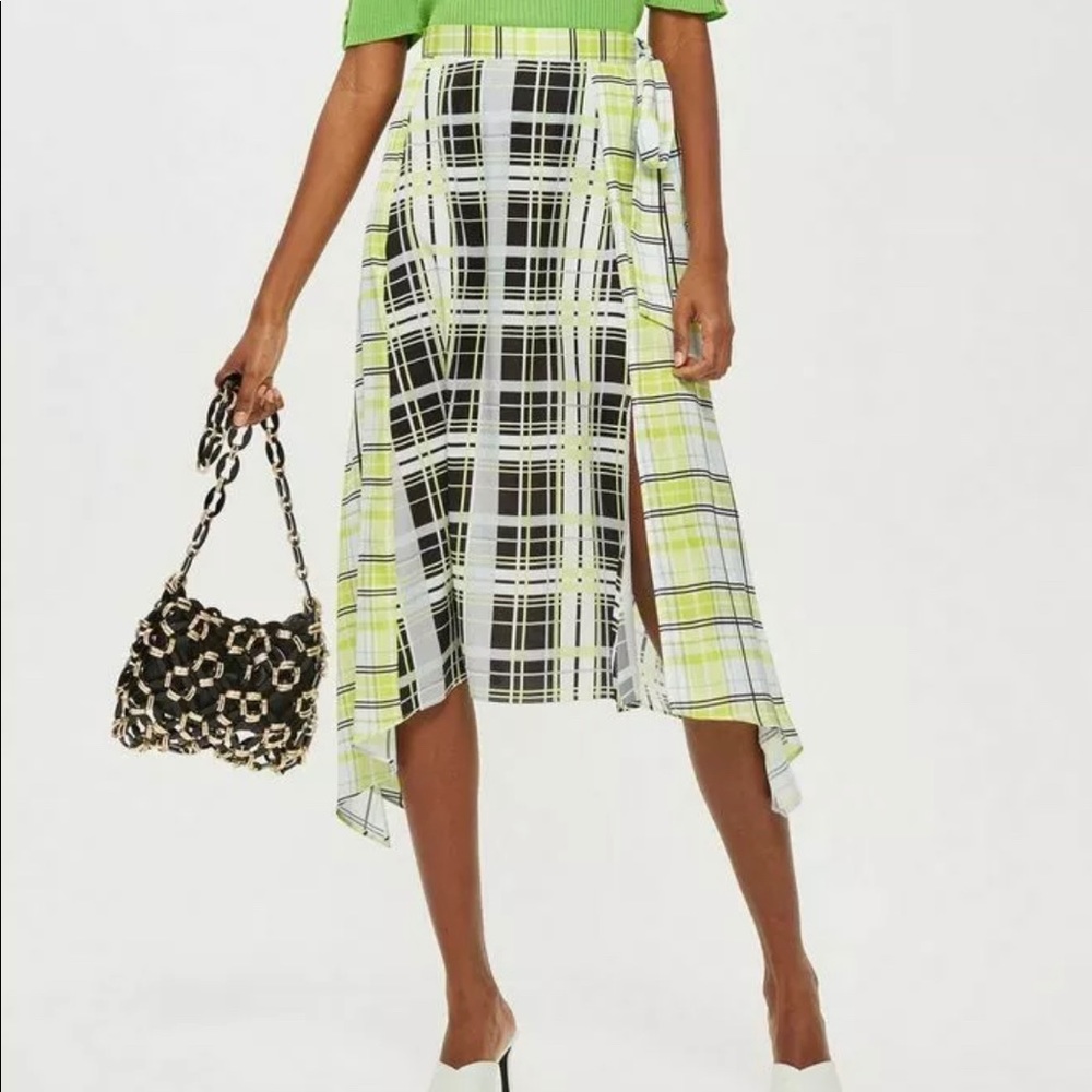 TOPSHOP Midi Plaid Asymmetrical Skirt neon 8 NWT